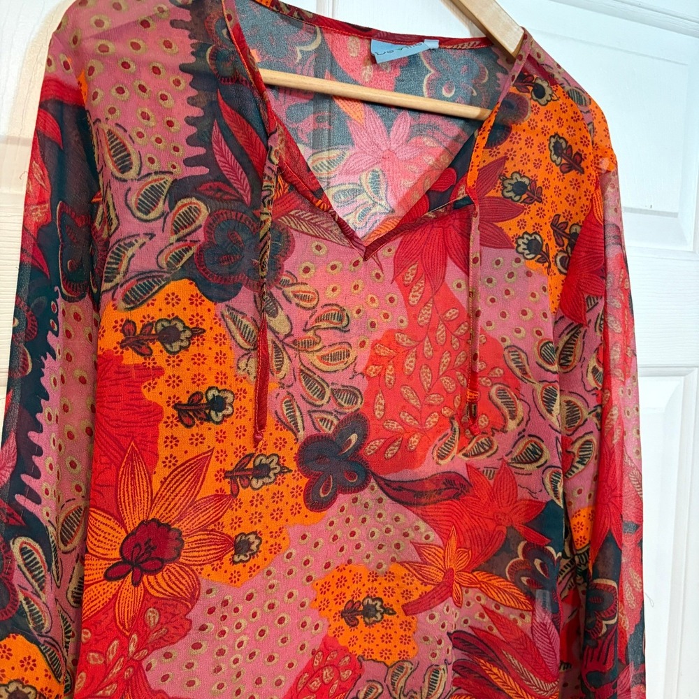 DeVille Y2K Women‎ Sheer Floral Peasant Blouse Bell Sleeve L XL Whimsygoth Fairy
